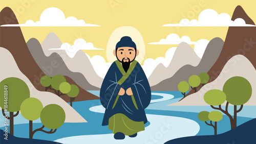Taoist philosophy of harmony with nature illustrated in modern flat vector style, peaceful human figure in landscape, ideal for spiritual, wellness, and cultural visuals