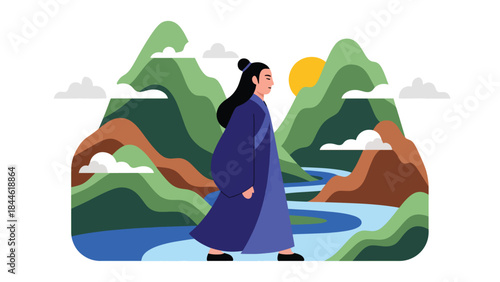 Taoist philosophy of harmony with nature illustrated in modern flat vector style, peaceful human figure in landscape, ideal for spiritual, wellness, and cultural visuals