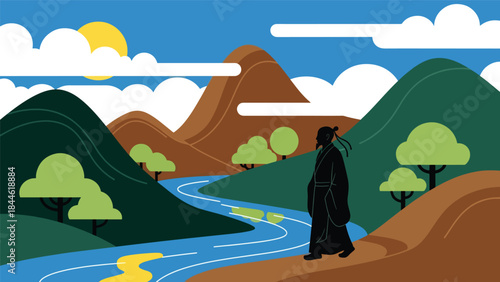 Taoist philosophy of harmony with nature illustrated in modern flat vector style, peaceful human figure in landscape, ideal for spiritual, wellness, and cultural visuals
