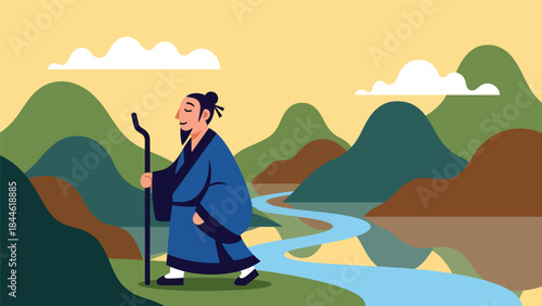 Taoist philosophy of harmony with nature illustrated in modern flat vector style, peaceful human figure in landscape, ideal for spiritual, wellness, and cultural visuals
