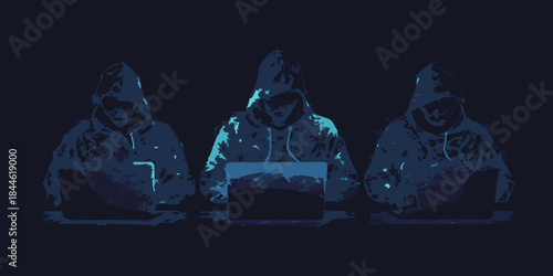 Three hooded figures working on laptops in a darkened stylized digital illustration