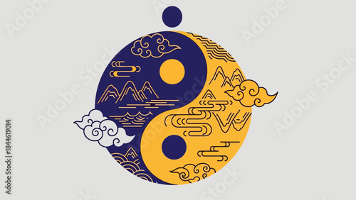 Yin yang balance concept inspired by Taoist philosophy, modern flat vector illustration with symbolic harmony, ideal for education, spirituality, and wellness design