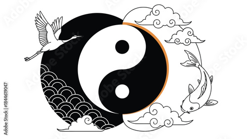 Yin yang balance concept inspired by Taoist philosophy, modern flat vector illustration with symbolic harmony, ideal for education, spirituality, and wellness design