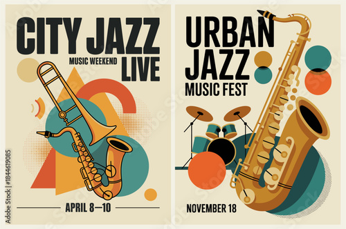 Vintage-style jazz posters featuring saxophones, trombone, and drum kit in geometric design with teal, orange, and brown accents