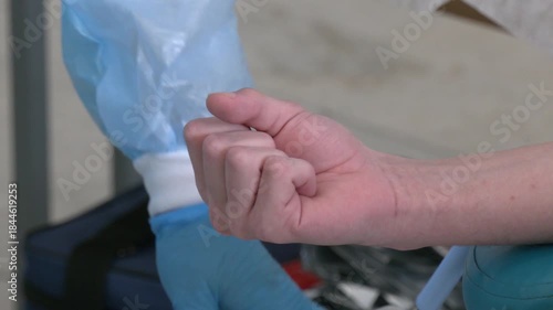 To contribute to human or patients from donate volunteer. World Blood Donor Day concept. Medical Equipment for blood donor at donation, transfusion. blood donor and nurse hand