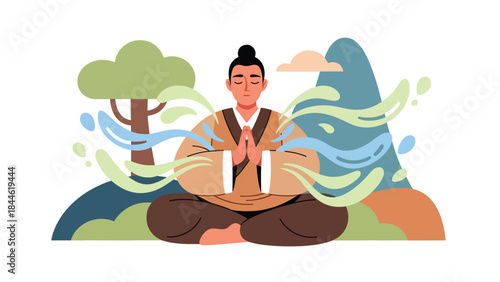 Taoist breathing and energy cultivation practice illustrated in clean flat vector style, calm posture and focus, ideal for wellness, meditation, and health education