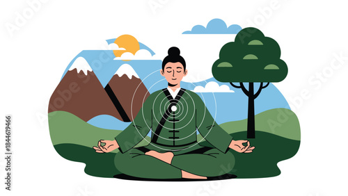 Taoist breathing and energy cultivation practice illustrated in clean flat vector style, calm posture and focus, ideal for wellness, meditation, and health education