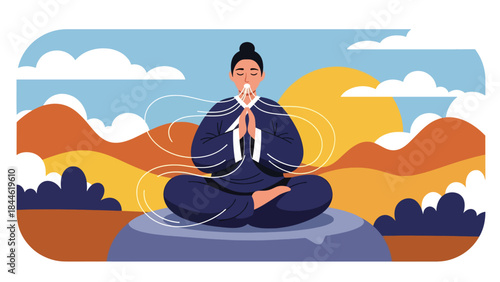 Taoist breathing and energy cultivation practice illustrated in clean flat vector style, calm posture and focus, ideal for wellness, meditation, and health education