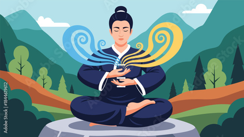 Taoist breathing and energy cultivation practice illustrated in clean flat vector style, calm posture and focus, ideal for wellness, meditation, and health education