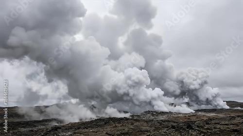 Dramatic Volcanic Eruption with Dense White Smoke Plumes Billowing into a Cloudy Gray Sky Over Barren Rocky Terrain Under Overcast Lighting Conditions