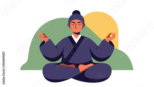 Taoist breathing and energy cultivation practice illustrated in clean flat vector style, calm posture and focus, ideal for wellness, meditation, and health education