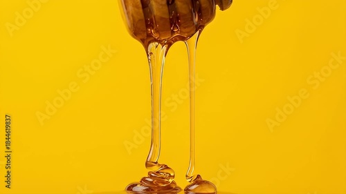 Golden Honey Dripping From Wooden Dipper Against A Vibrant Yellow Background With Soft Studio Lighting Capturing Viscous Texture And Sweetness