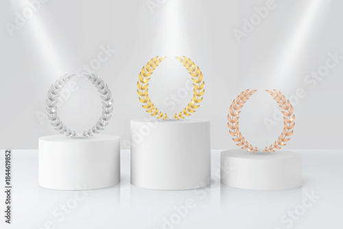 3D cylindrical podiums, white, various lengths, with laurel wreaths, gold, silver, and copper.