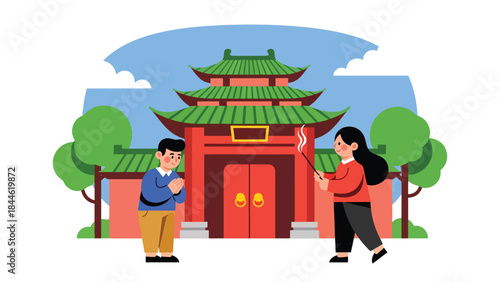 People visiting a Taoist temple in a peaceful cultural setting, modern flat vector illustration, ideal for travel, religion, and Asian culture content