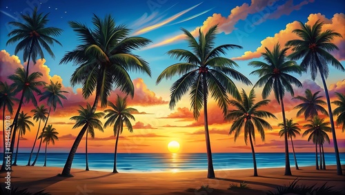 Fototapeta Naklejka Na Ścianę i Meble -  Vibrant tropical sunset over a serene beach with silhouetted palm trees and calm ocean waves