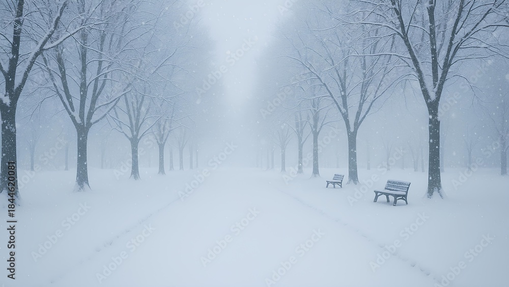 Obraz premium snowfall over quiet winter park with snow-covered trees and benches