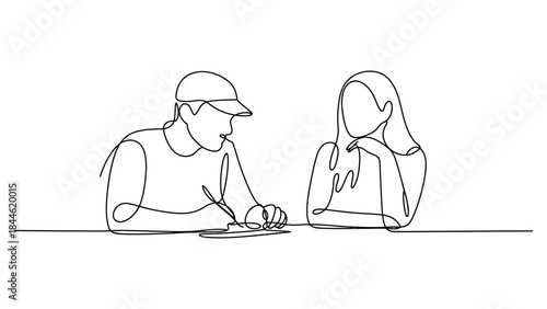 man and woman talking together continuous line illustration representing communication discussion relationship and teamwork concept on white background