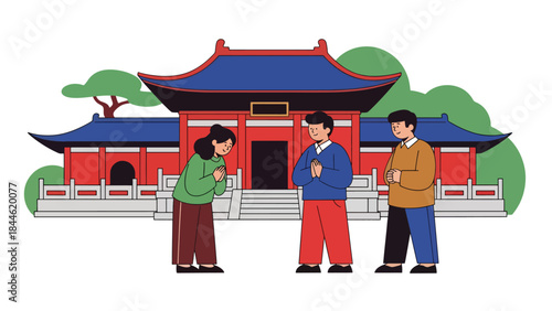People visiting a Taoist temple in a peaceful cultural setting, modern flat vector illustration, ideal for travel, religion, and Asian culture content