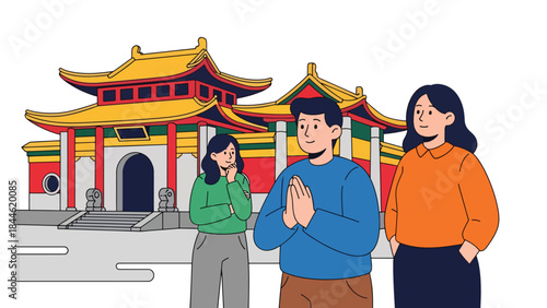 People visiting a Taoist temple in a peaceful cultural setting, modern flat vector illustration, ideal for travel, religion, and Asian culture content