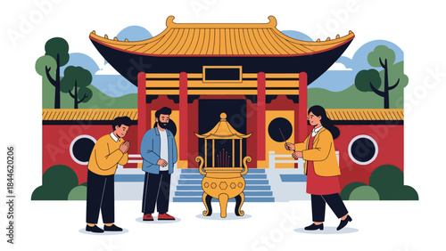 People visiting a Taoist temple in a peaceful cultural setting, modern flat vector illustration, ideal for travel, religion, and Asian culture content