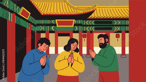 People visiting a Taoist temple in a peaceful cultural setting, modern flat vector illustration, ideal for travel, religion, and Asian culture content
