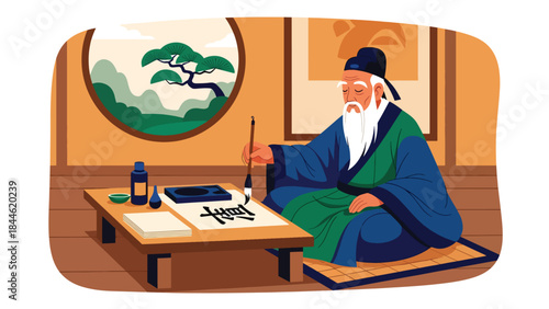 Taoist calligraphy practice symbolizing focus and wisdom, modern flat vector illustration with cultural details, ideal for education, art, and spiritual themes