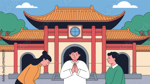 People visiting a Taoist temple in a peaceful cultural setting, modern flat vector illustration, ideal for travel, religion, and Asian culture content
