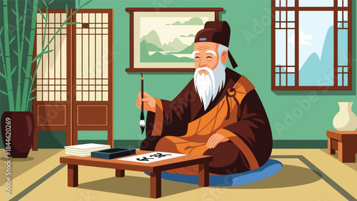 Taoist calligraphy practice symbolizing focus and wisdom, modern flat vector illustration with cultural details, ideal for education, art, and spiritual themes