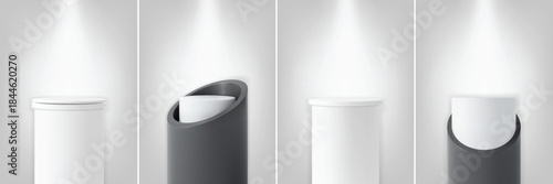 White and black cylinders podium stand with spotlight, 3D round pedestals vector set, platform for product presentation
