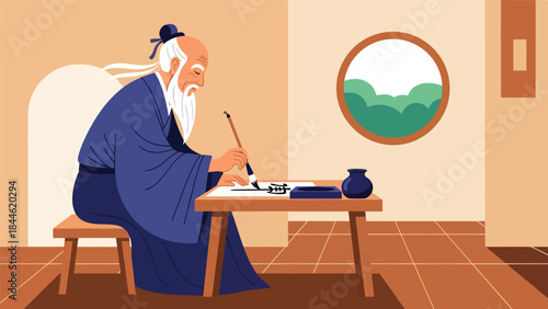 Taoist calligraphy practice symbolizing focus and wisdom, modern flat vector illustration with cultural details, ideal for education, art, and spiritual themes