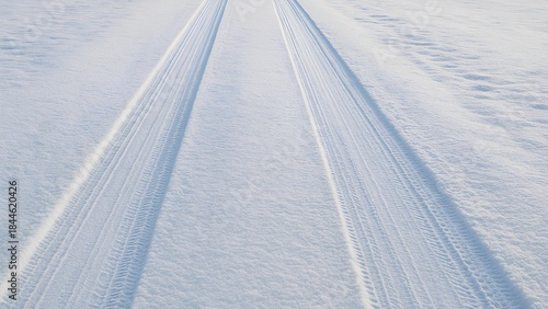 Snow-covered road with car tracks in winter showing detailed tire patterns on bright frozen surface
