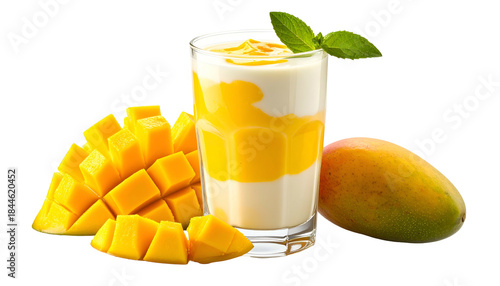 A mango lassi layered with fresh mango, next to a diced mango and whole mango