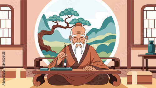 Taoist calligraphy practice symbolizing focus and wisdom, modern flat vector illustration with cultural details, ideal for education, art, and spiritual themes