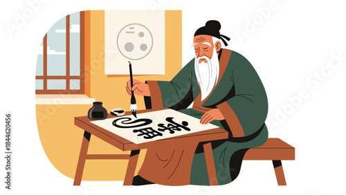 Taoist calligraphy practice symbolizing focus and wisdom, modern flat vector illustration with cultural details, ideal for education, art, and spiritual themes