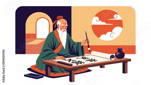 Taoist calligraphy practice symbolizing focus and wisdom, modern flat vector illustration with cultural details, ideal for education, art, and spiritual themes