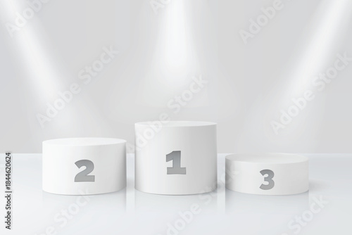 Realistic 3D white cylindrical podiums with the numbers 1, 2, and 3, spotlights.