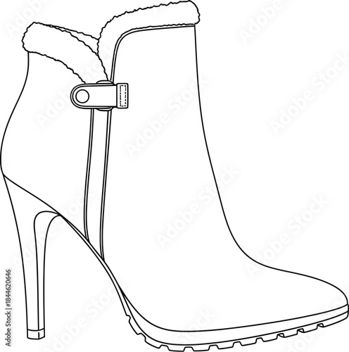 Fashionable high heel ankle boot with fur trim in a line art style design