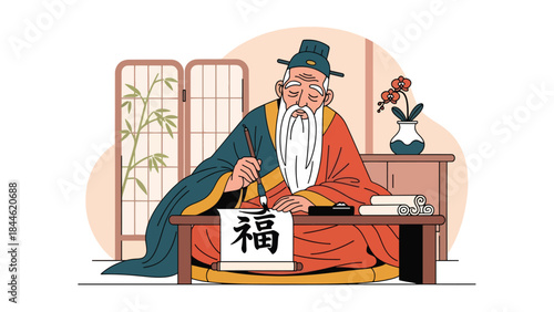 Taoist calligraphy practice symbolizing focus and wisdom, modern flat vector illustration with cultural details, ideal for education, art, and spiritual themes