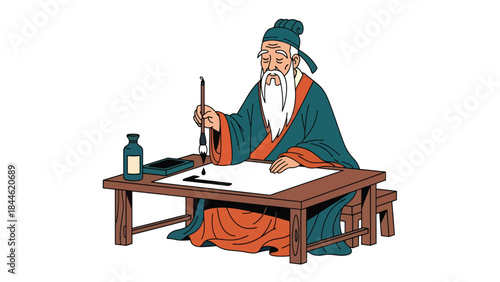 Taoist calligraphy practice symbolizing focus and wisdom, modern flat vector illustration with cultural details, ideal for education, art, and spiritual themes