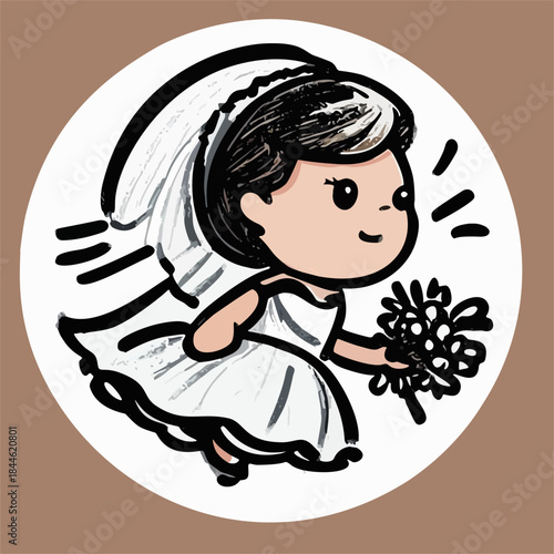 Cute simple cartooned illustration, wedding sticker: bride