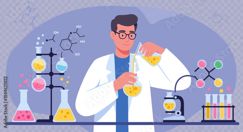 Scientist conducting experiment in modern laboratory with chemical equipment