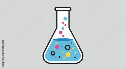 Scientific laboratory beaker with colorful chemical reactions in flat style