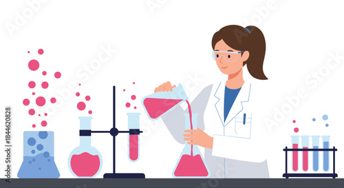 Female scientist conducting experiment in modern laboratory with beakers and test tubes