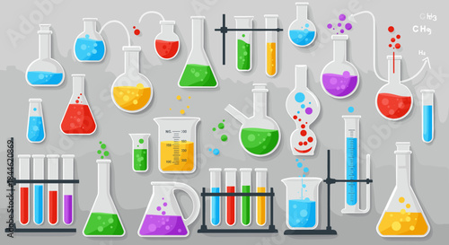 Colorful laboratory equipment with chemical reactions in flat style on transparent background