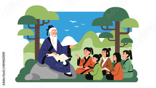Taoist teacher sharing wisdom with students in calm outdoor setting, modern flat vector illustration, ideal for education, philosophy, and spiritual learning content