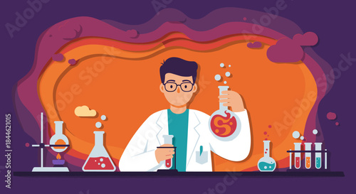 Colorful paper cut science lab with chemist in glasses conducting experiments