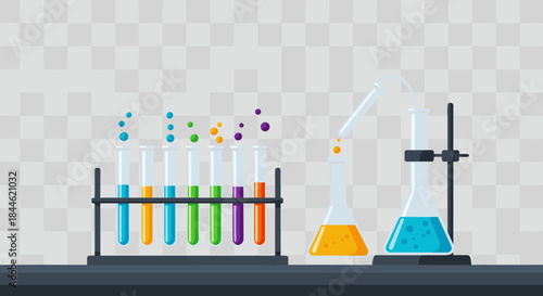 Colorful chemistry equipment on lab counter with gradient background