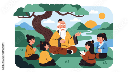 Taoist teacher sharing wisdom with students in calm outdoor setting, modern flat vector illustration, ideal for education, philosophy, and spiritual learning content