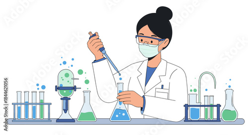 Scientist in lab coat conducting experiment with test tubes and flasks in modern flat design