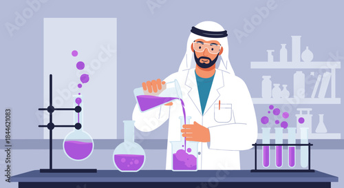 Scientist in lab coat conducts chemical experiment with purple liquid in modern laboratory